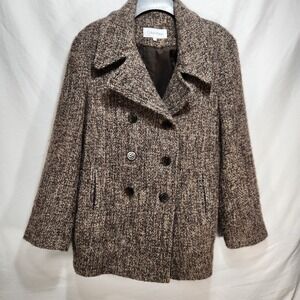 Calvin Klein Womens Brown Tweed Double-Breasted Coat Size 16 Wool‎ Blend